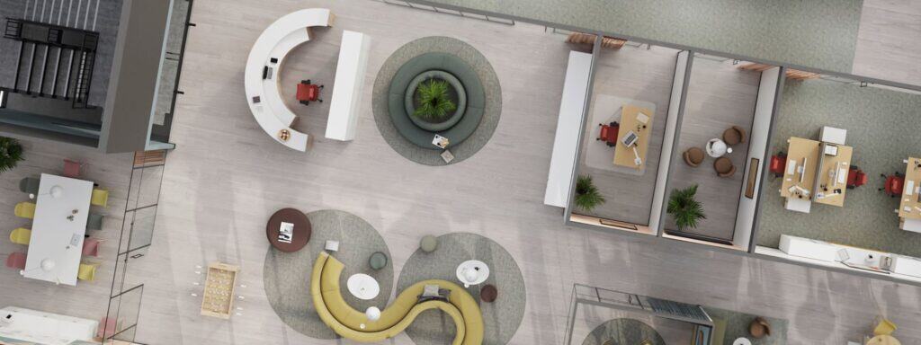 Ofis alanında modern ve fonksiyonel tasarım çözümleri, ortak çalışma alanları ve esnek ofis düzenler.